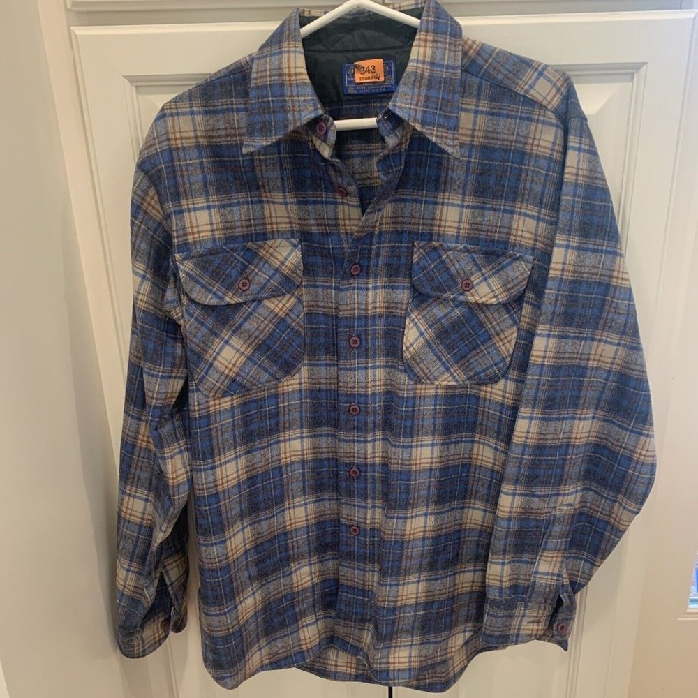 Vintage Pendelton Field Shirt Plaid Wool Flannel Blue Brown M Quilted Collar